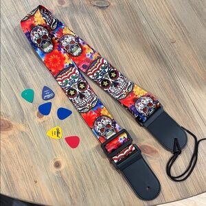 Day of the Dead Design Guitar Strap with Picks